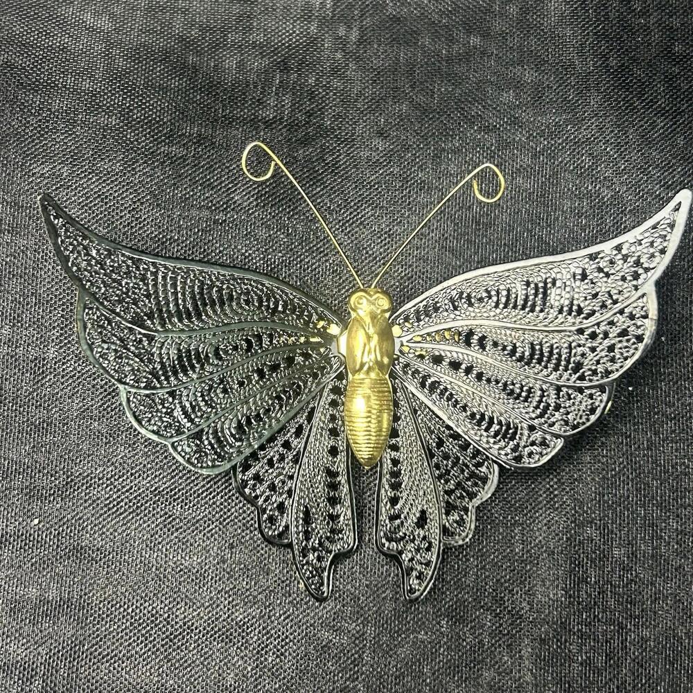 Vintage Black Lazer Lace Butterfly Brooch Pin Gold-Tone Body Jewelry 1960s